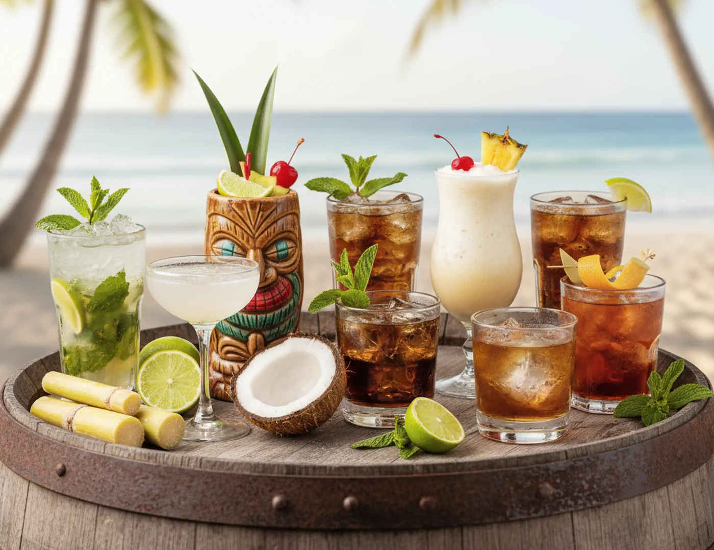 Cocktail con rum su una botte vista mare